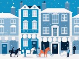 A snowy Victorian street comes to life with the joy of Christmas, where horse-drawn carriages and shoppers mingle under a sky of soft winter flakes