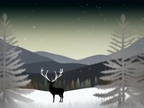 In this enchanting winter scene, a solitary stag stands against the backdrop of a snowy forest under a starry sky, evoking the stillness of a winter's night