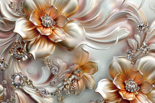 3d wallpaper design with florals and jewels for photomural © Asmat