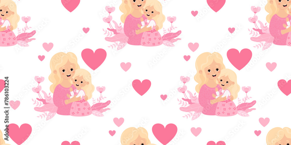Seamless pattern with happy blonde woman mother with fair-haired daughter in pink on white background with hearts. Blonde Day holiday. Vector illustration 