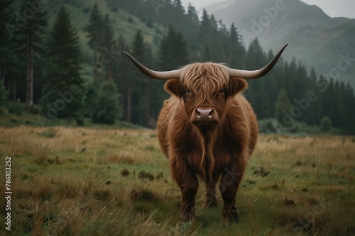 AI-generated illustration of a highland cow standing in a green meadow