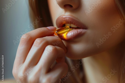 AI generated illustration of a woman holding fish oil capsule, about to ingest it
