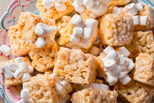 Rice krispie treats bites with marshmallow, small snack for kids photo