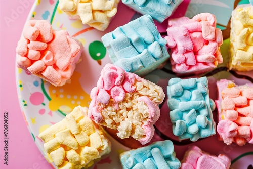 Rice krispie treats bites with marshmallow, small snack for kids photo