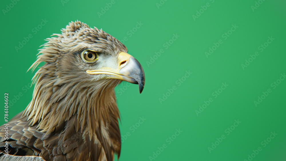 Obraz premium Detailed image of a Brown Eagle's head showcasing a penetrating stare and detailed plumage against a green background