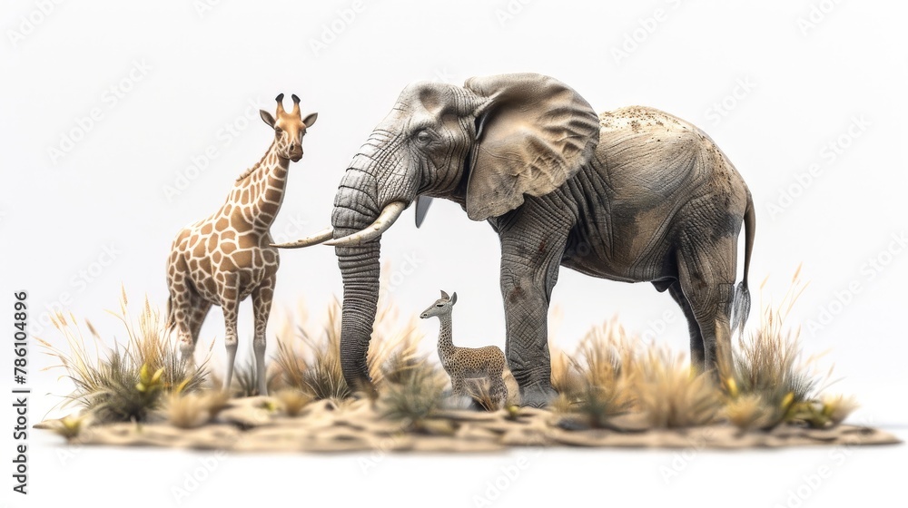 A giraffe and a baby elephant are standing in a field A giraffe and a baby elephant are standing in a field