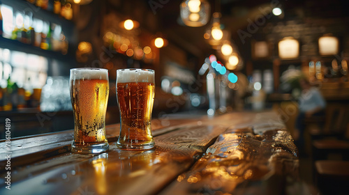 close up of two beer with blurred Bartender and bar in the back with empty copy space 