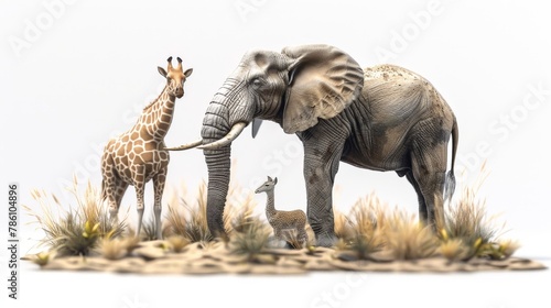 A giraffe and a baby elephant are standing in a field © AnuStudio