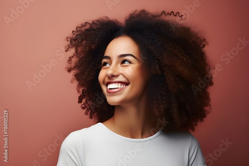 Happy Afro-American woman with curly hair smiling, Generative AI