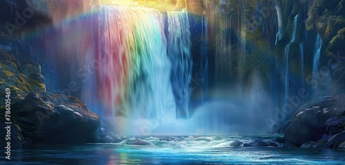 A rainbow bridge rising above a waterfall, casting prismatic hues onto the rushing waters below.