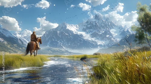 A man is riding a horse across a grassy field with a river running through it