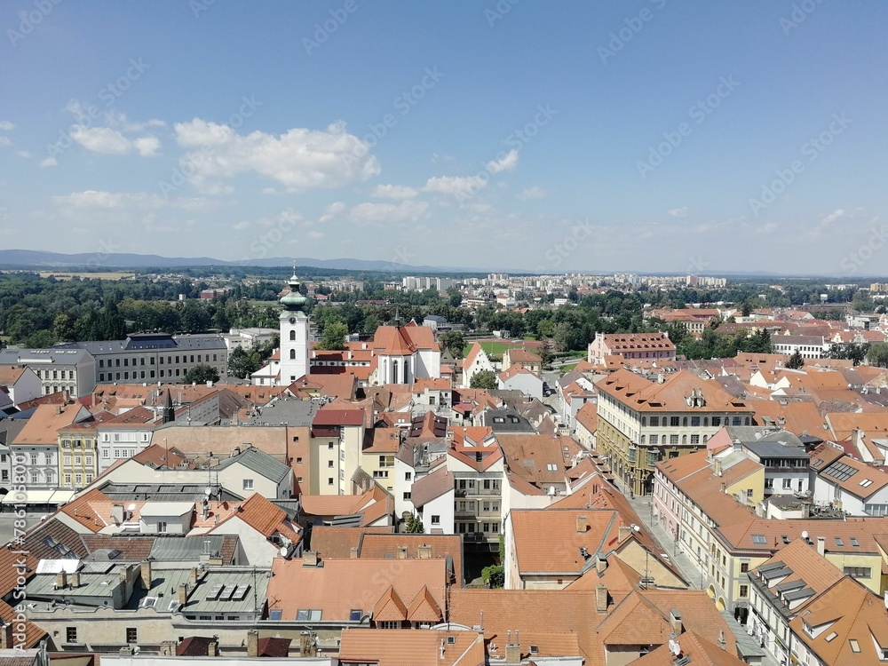 Aerial view of the Ceske Budejovice cityscape with a blue sky in the background, Czech republic