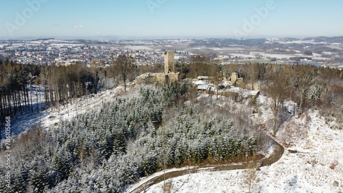 Aerial view of Orlik castle ruins covered with snow at Humpolec city, Vysocina, Czech Republic photo