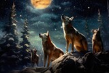 Coyotes howling under a night sky illuminated with stars and lights.