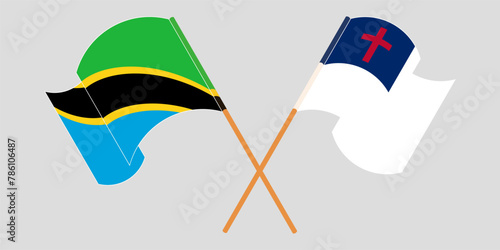 Crossed and waving flags of Tanzania and christianity