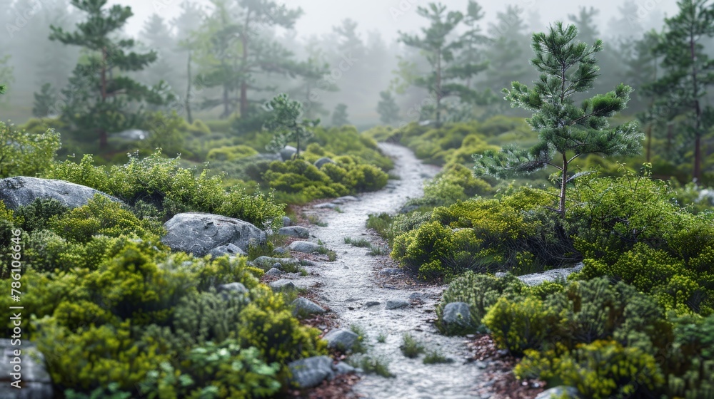 A forest path with a tree in the middle A forest path with a tree in the middle