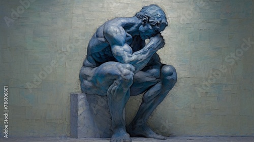 an artistic painting depicts the thinker sitting on a block photo
