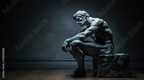 a bronze statue of a seated man, crouched down against a dark background