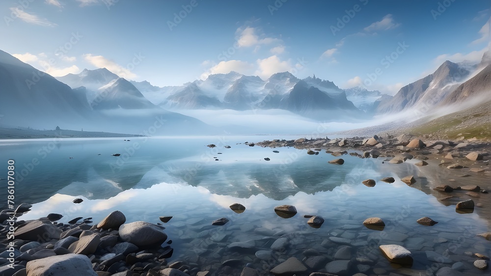 A misty morning view of a lake featuring mountains, glaciers, and reflections