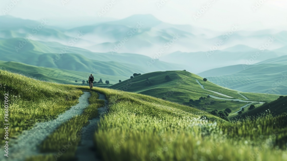 A person is riding a bike on a dirt road in a grassy field