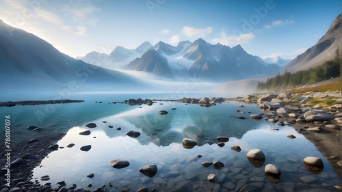 A misty morning view of a lake featuring mountains, glaciers, and reflections