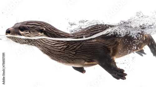A playful otter, with its sleek body gliding through clear waters, against the pure white background, capturing the joy of aquatic life.
