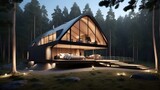 The façade of a modern, minimalist luxury home designed for luxurious camping. At night, glass cabin amid the woods. A contemporary lodge in a dense woodland. artificial intelligence