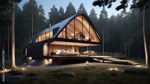 The façade of a modern, minimalist luxury home designed for luxurious camping. At night, glass cabin amid the woods. A contemporary lodge in a dense woodland. artificial intelligence photo