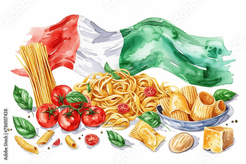 Italian traditional brunch, pizza, pasta and ravioli. Watercolor hand painted illustration isolated on white background for menu design, print, social media.
