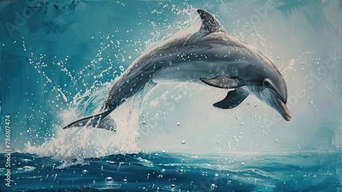 A playful dolphin, leaping gracefully out of cerulean waters, droplets of shimmering water suspended in mid-air against a backdrop of azure blue.