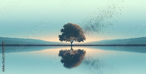 a tree is in a large body of water with birds flying around photo