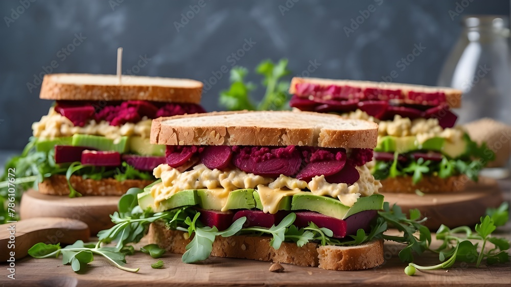 Hummus with beetroot on vegan sandwiches. arugula, cheese, avocado, and beet on a sandwich.