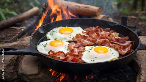 Cast iron skillet breakfast of bacon and eggs while camping. In the jungle, fried eggs with bacon in a pan. Food available in the camp. Eggs scrambled with burning bacon. Luncheon