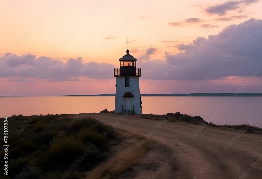 AI-generated illustration of a lighthouse on the shore at sunset