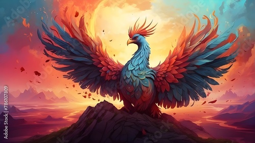 Imaginary landscape featuring a mystical Phoenix bird. wonderful beautiful illustration. digital artwork.
