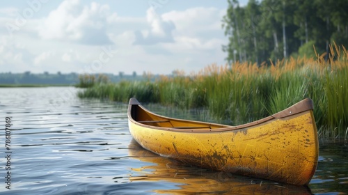 A yellow canoe sits in the water, surrounded by tall grass