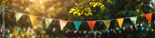 A playful birthday banner strung across a backyard deck, setting the scene for festivities. photo