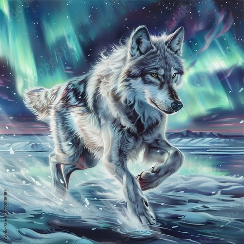 AI generated illustration ofa wolf swiftly running on snowy terrain beneath vibrant aurora lights