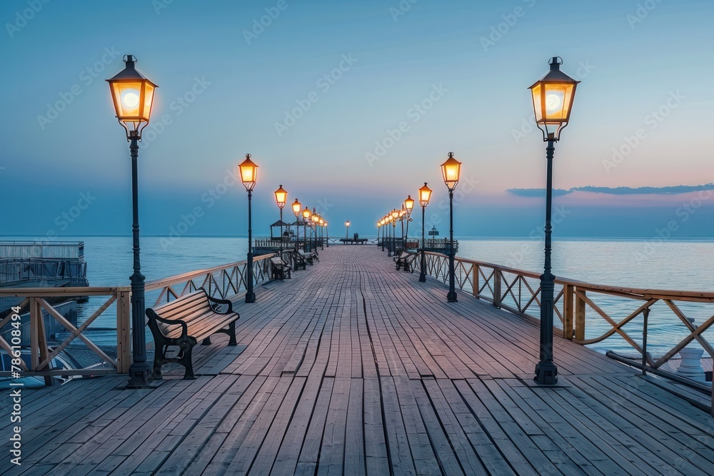 Empty Wooden Jetty With Benches and Street Lights During Early Morning