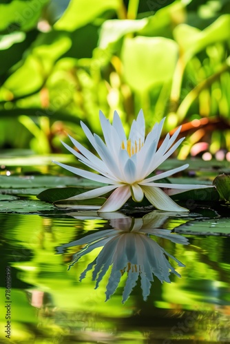 Beautiful flower of a white blooming water lily on the water among the leaves