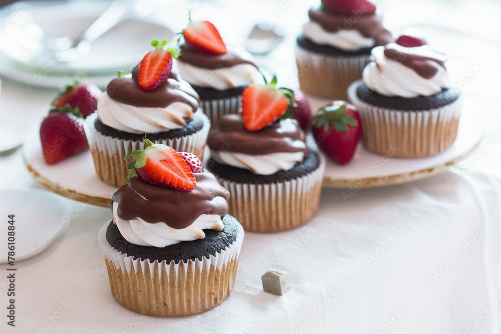 Chocolate meringue cupcakes with chocolate glaze and strawberries