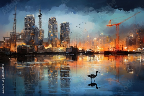 Cranes wading through water with reflections of city lights.