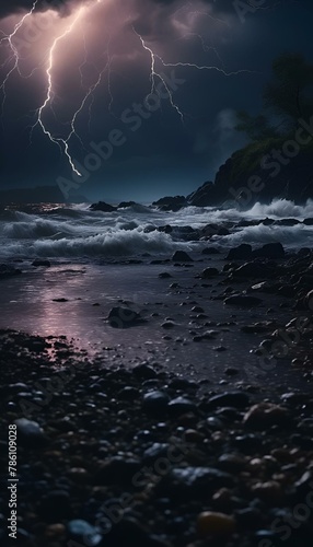 AI generated illustration of lightning strikes above the ocean at night