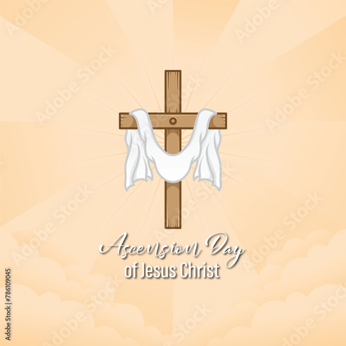 design for celebration of the Ascension of Jesus Christ. with ornaments of heavenly clouds, hills, Jesus, cross and light