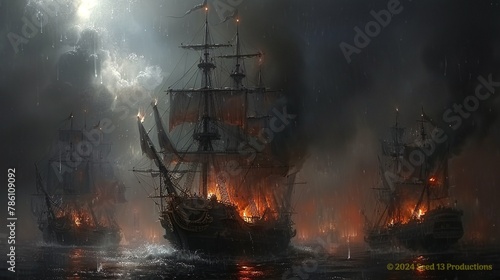 AI generated illustration of a dramatic maritime scene featuring a galleon engulfed in flames