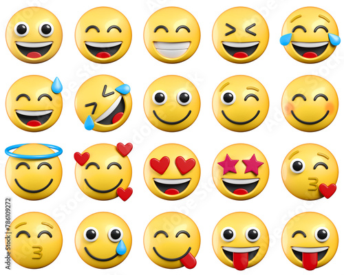 Set of emojis with various expresions, emoticons collection isolated from the background 3d rendering