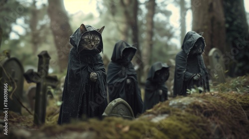 AI generated illustration of a Group of hooded cats standing by graveyards in a forest
