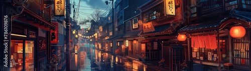 Japanese street scene at dusk illustration. Travel and culture concept design for posters, photo