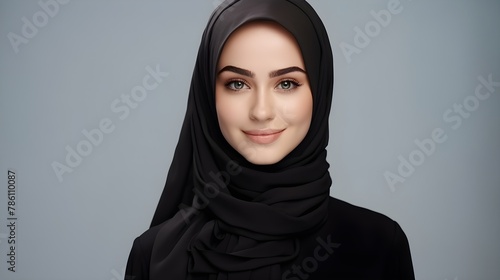 Portrait of beautiful happy businesswoman muslim in hijab on grey background © Dikky