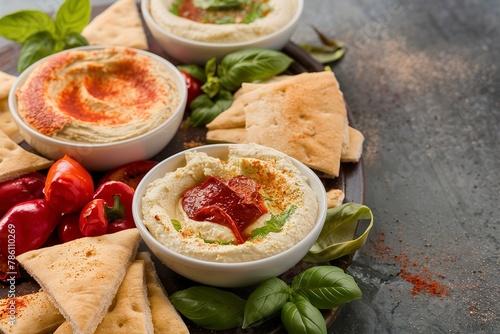 Hummus board with garlic, roasted red pepper and basil variety, served with pita photo